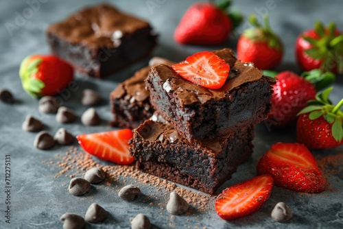 Stack of homemade fudgy chocolate brownies with strawberries on concrete photo