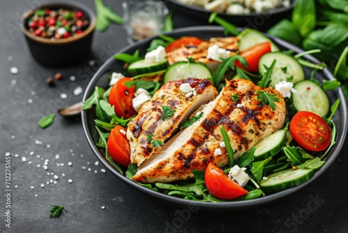 Grilled chicken breast with fresh vegetable salad and feta cheese