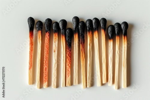 The idea of patience depicted through a line of progressively burnt matches on a white surface photo