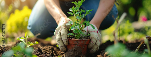 a farmer plants a seedling from a pot in the garden photo