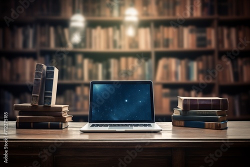 Library desk with books and laptop representing education technology and online learning photo