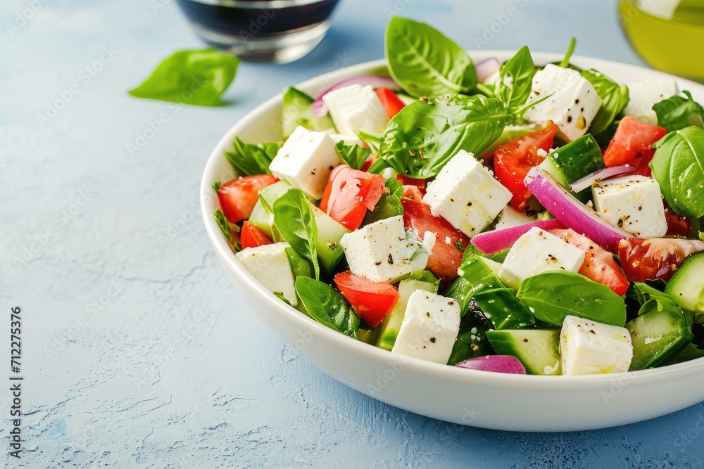 Close up of vegetable salad with feta cheese cubes in a white bowl set against a blue background Close up of vegetable salad with feta cheese cubes in a white bowl set against a blue background