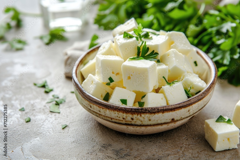 Feta cheese cubes in brine on a bright table inside a ceramic bowl