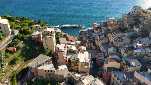 Manarola Village Cinque Terre Coast Italy. colorful town in Liguria one of five Cinque Terre. Manarola traditional Italian village in the National park Cinque Terre, with multicolored houses on rock