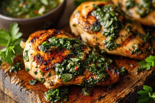 Ready to eat homemade grilled chicken breast seasoned with chimichurri photo