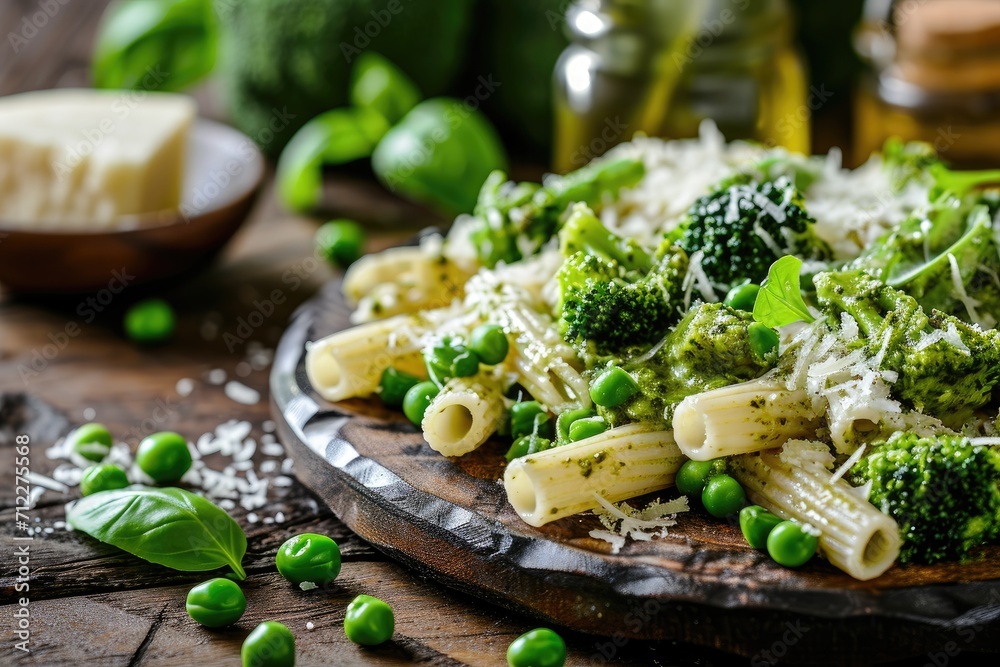 Nutritious dish pasta with pesto sauce broccoli and Parmesan Nutritious dish pasta with pesto sauce broccoli and Parmesan