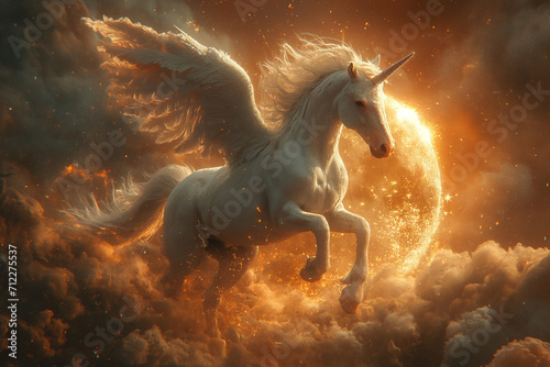 A Winged White Unicorn beneath the Fiery Moonlight