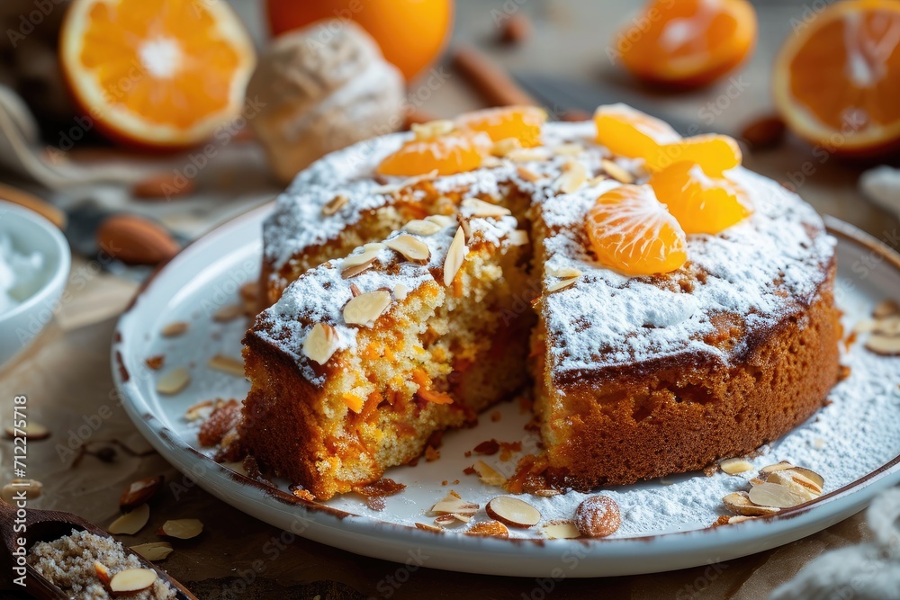 Yummy vegan cake made with carrots tangerines and ground almonds