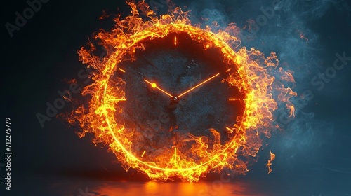 wall office modern clock on fire on a corner on a side, white background, photorealistic photo