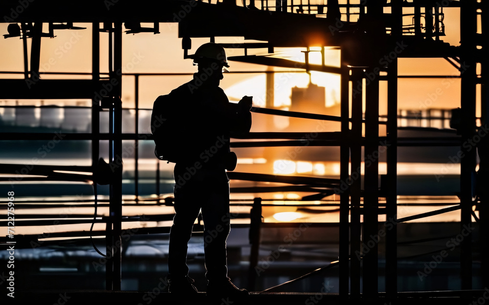 A silhouette of construction electrician working in a factory, worker with helmet, electrical worker in action A silhouette of construction electrician working in a factory, worker with helmet, electrical worker in action