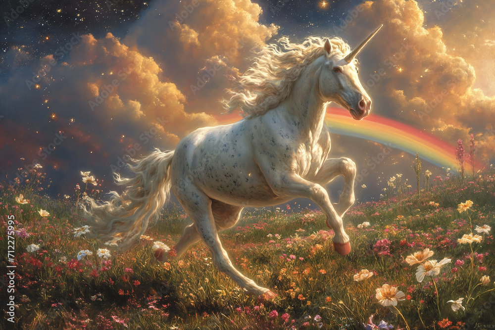 A White Unicorn in a Meadow Beneath a Colorful Sky A White Unicorn in a Meadow Beneath a Colorful Sky