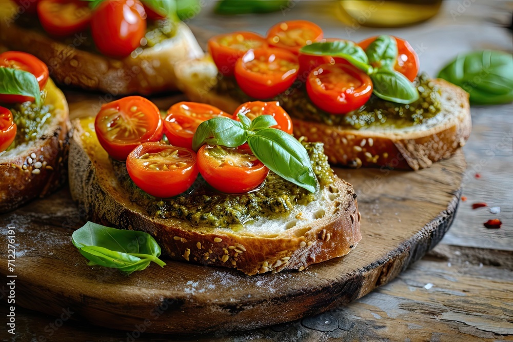 Selective focus on pesto bruschetta adorned with cherry tomatoes and basil