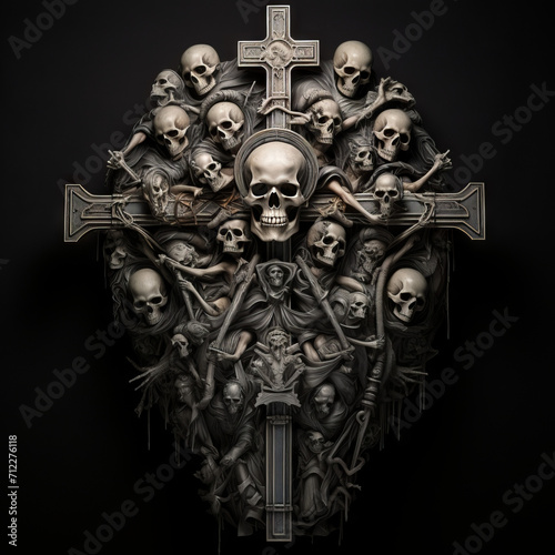 A dark jesus cross with skulls