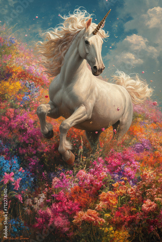 Majestic White Unicorn Amidst a Blossom-Filled Meadow