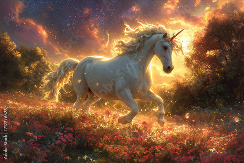 A White Unicorn Amidst a Blossoming Floral Sky