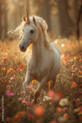 A Tiny White Unicorn Frolicking in a Blossom-Filled Meadow © artefacti