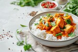 Delicious chicken curry bowl with rice on a bright surface