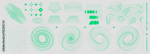Set of neon green vector wireframe objects, retro futuristic y2k elements. Line grid torus, wormhole, perspective mesh, geometric shape icons. Retro geometry design 90s y2k style elements collection