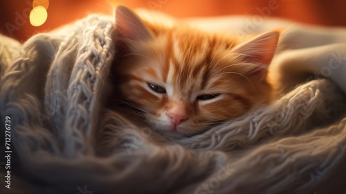 Sleepy Kitten Snuggled Up in Cozy Blanket on Soft Comforting Backdrop AI Generated © AlexandraRooss