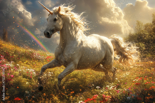 Serenade of Nature s Splendor - A White Unicorn in Blooms Amidst Clouds and Rainbow