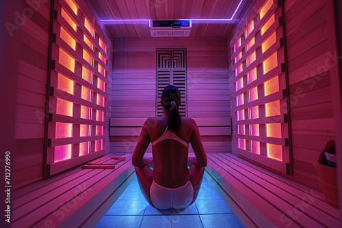 A person sits and relaxes in an infrared sauna.