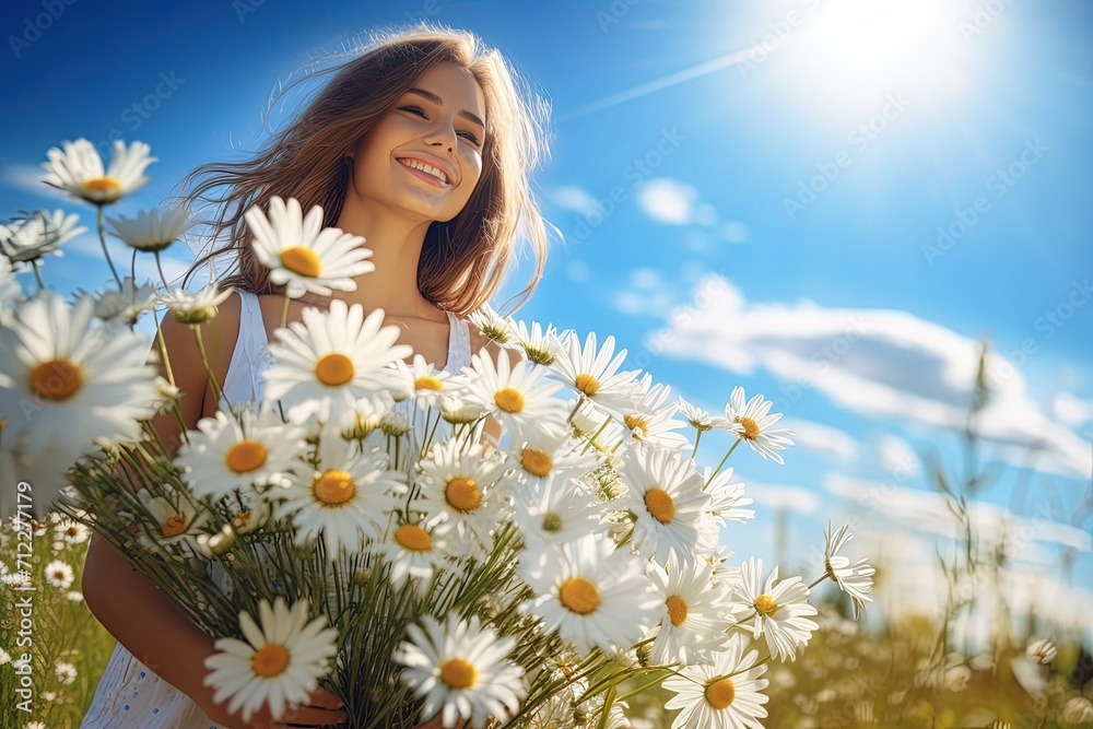 girl in a field of daisies. Smiling girl with white flowers on a blue sky background girl in a field of daisies. Smiling girl with white flowers on a blue sky background