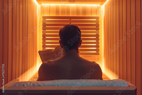 A person sits and relaxes in an infrared sauna.