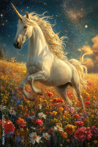 White Unicorn Embraced by Blooms Beneath a Starlit Canopy photo