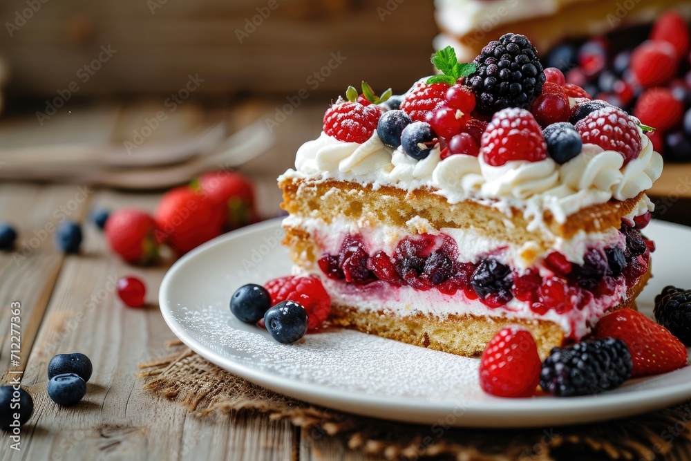 Close up of layered cake with forest fruit and cream on plate Close up of layered cake with forest fruit and cream on plate