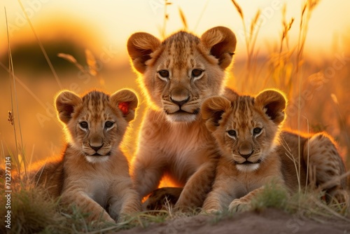 A predatory wild animal with cubs. Close-up. Portrait of a lioness with small cubs in the savannah. © BetterPhoto