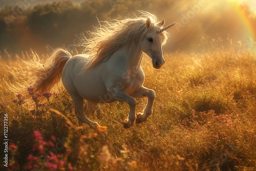 Graceful White Unicorn on an Evening Meadow Bathed in Gold