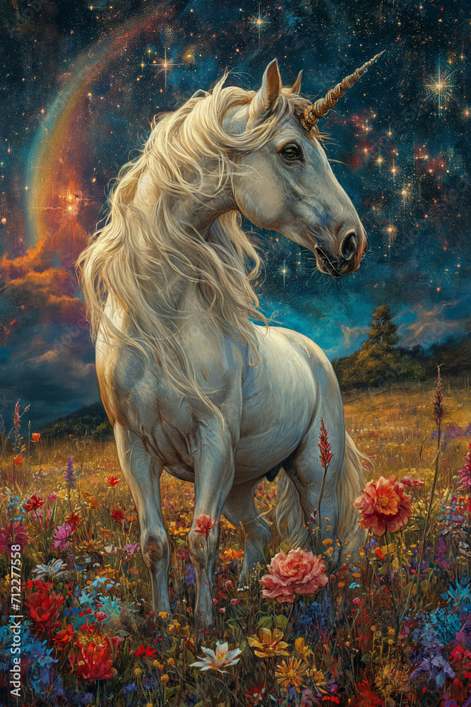 Fototapeta premium White Unicorn amid a Floral Haven under Stars and Rainbow
