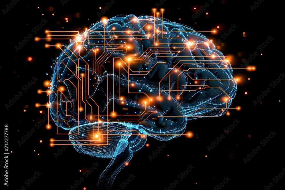 Electronic brain on the motherboard or artificial intelligence, is the theme of implementing modern technologies in companies. - obrazy, fototapety, plakaty 