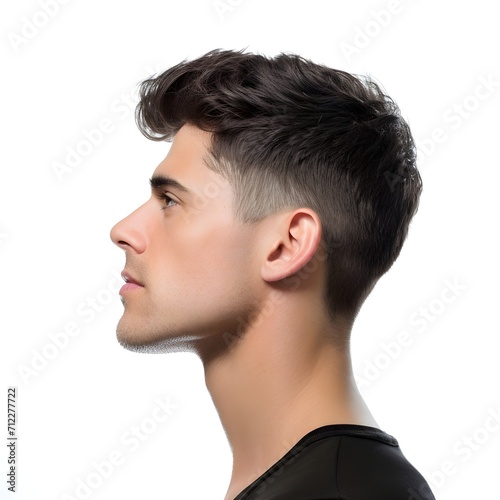 a male and female model with Edgar cut, side view isolated on a white background