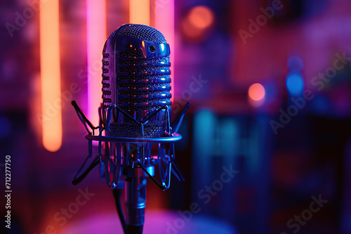 Studio microphone, podcast room in background, gradient neon lights, bokeh background, photorealistic