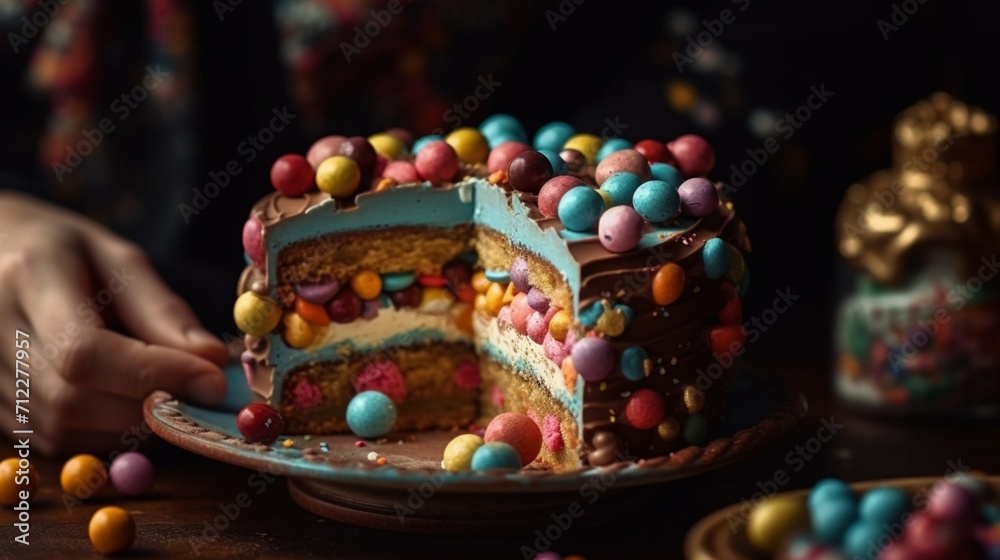 Hand holding a colorful cake