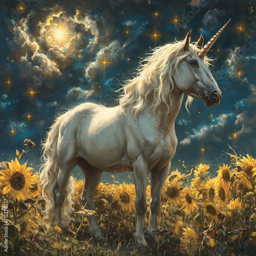 Majestic White Unicorn Amidst Sunflowers under the Evening Sky with Moon  Stars  and Clouds