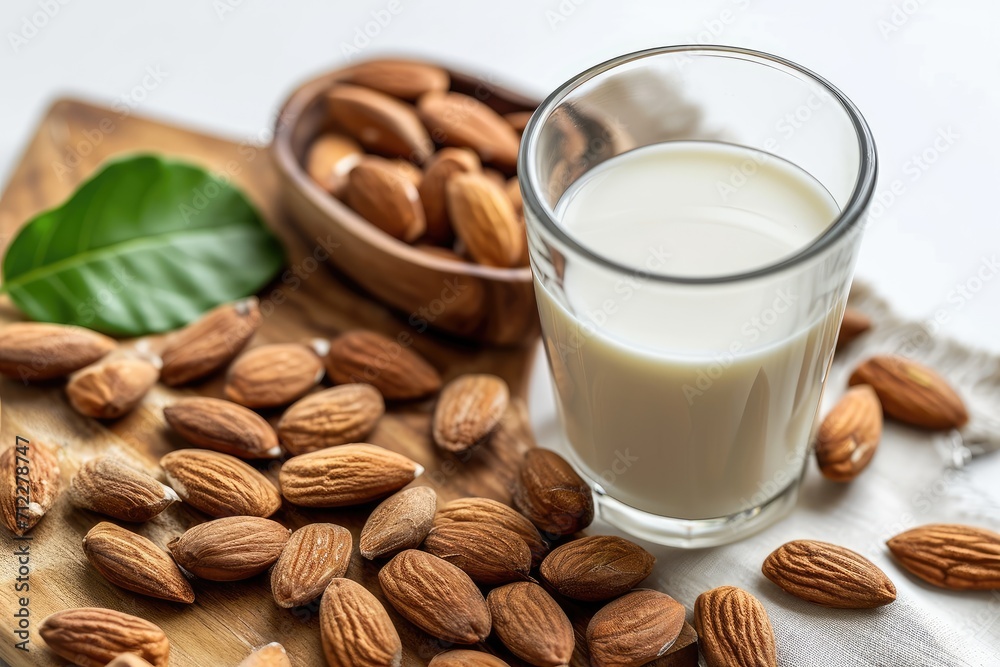 Top view of a glass of almond milk and almonds on a white background representing a concept of healthy drinks Top view of a glass of almond milk and almonds on a white background representing a concept of healthy drinks
