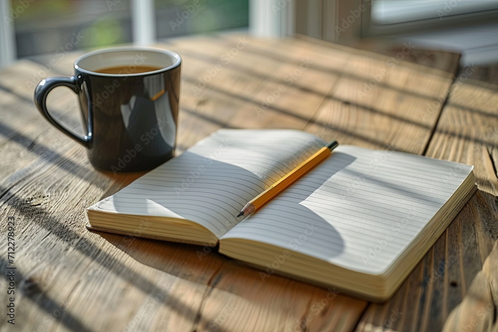 Fototapeta premium Blank a white notebook with a pencil and coffee in a cup next to it on a wooden table or background with space for text or inscription, top view.
