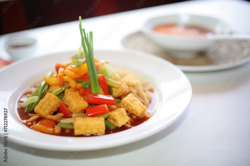 bubbling tofu and baby corn in sweet and sour sauce