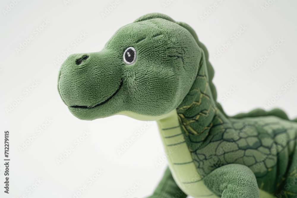 Fototapeta premium Green dinosaur plush closeup on white background