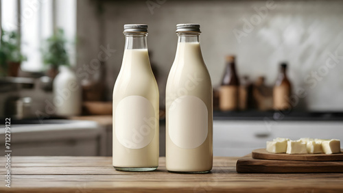 Milk bottle mockup on retro kitchen background  reusable bottle template  generative AI