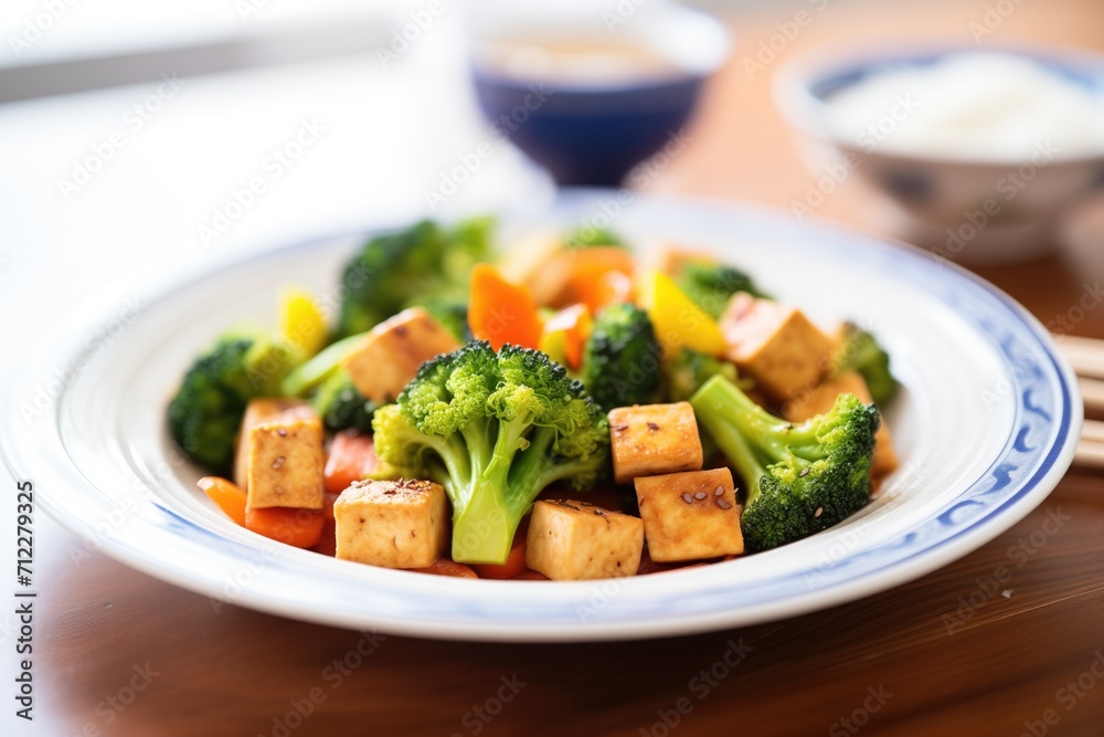 tofu cubes sizzling with broccoli and carrot slices tofu cubes sizzling with broccoli and carrot slices