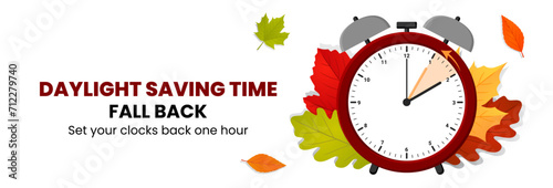Daylight saving time concept. Clocks are set one hour back. Fall back, winter time web banner. Vector illustration