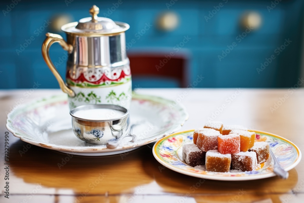 traditional turkish coffee set beside a small plate of turkish delight