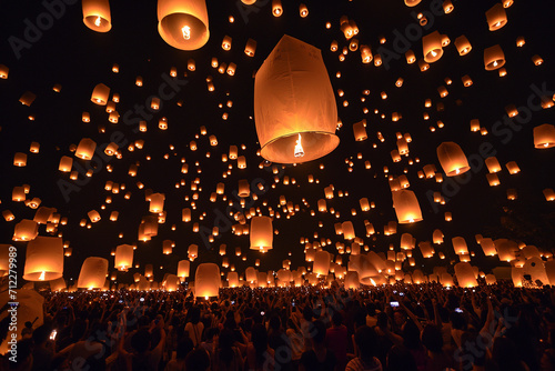 Lanterns with flame at night in asian in Thailand photo