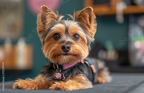 Terrier dog looking at camera on the table of a dog grooming salon