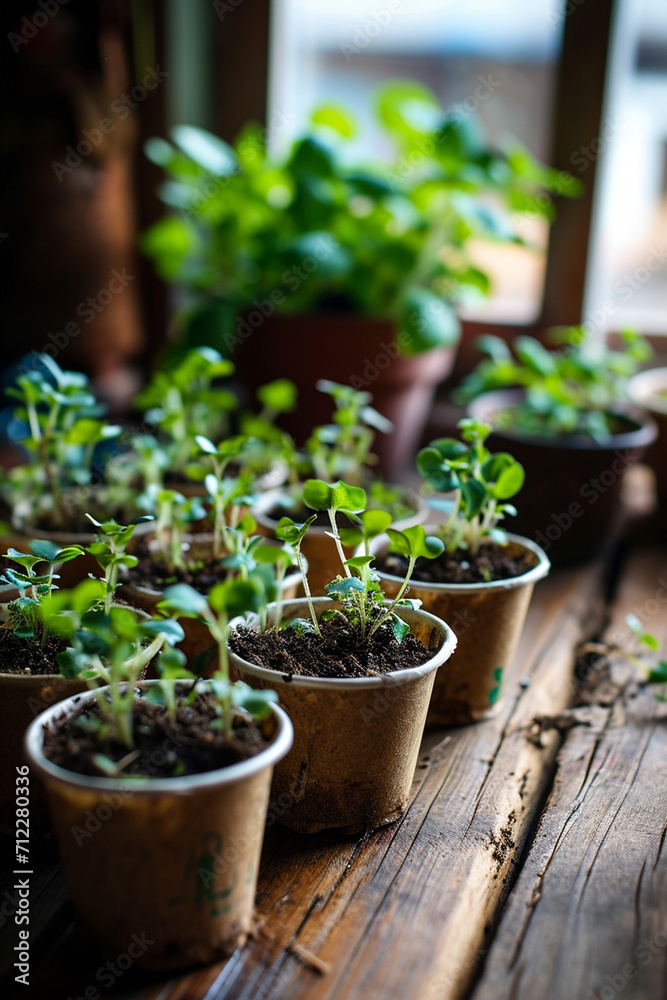 close-up of seedlings in pots on the table close-up of seedlings in pots on the table