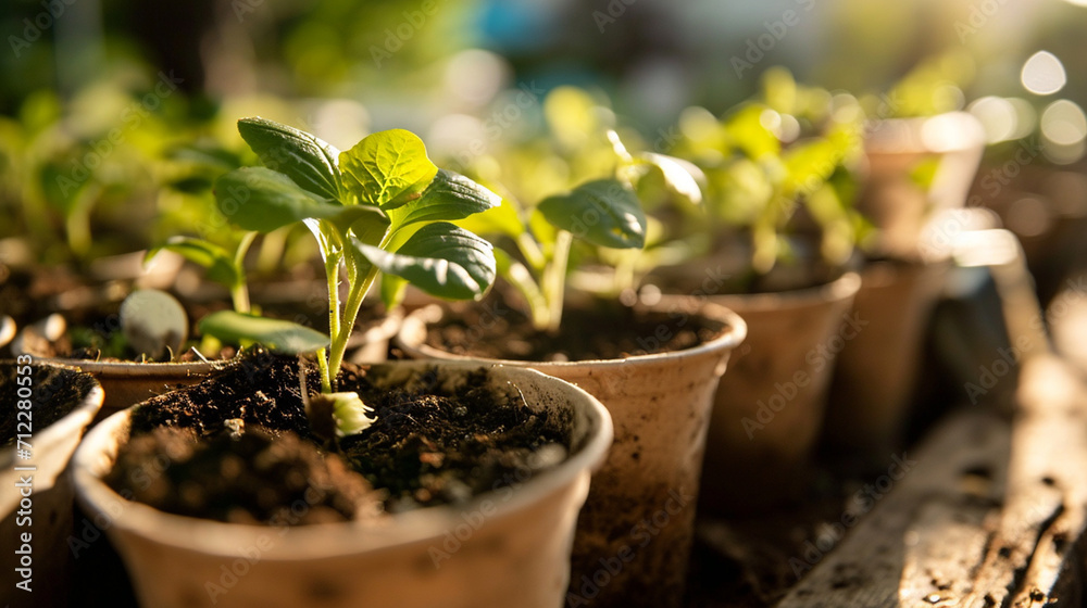 close-up of seedlings in pots on the table