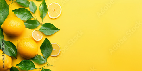 Lemons with green leaves on yellow background, flat lay. Space for text Fresh lemons with green leaves leaf yellow summer juicy healthy fresh natural fruit . photo